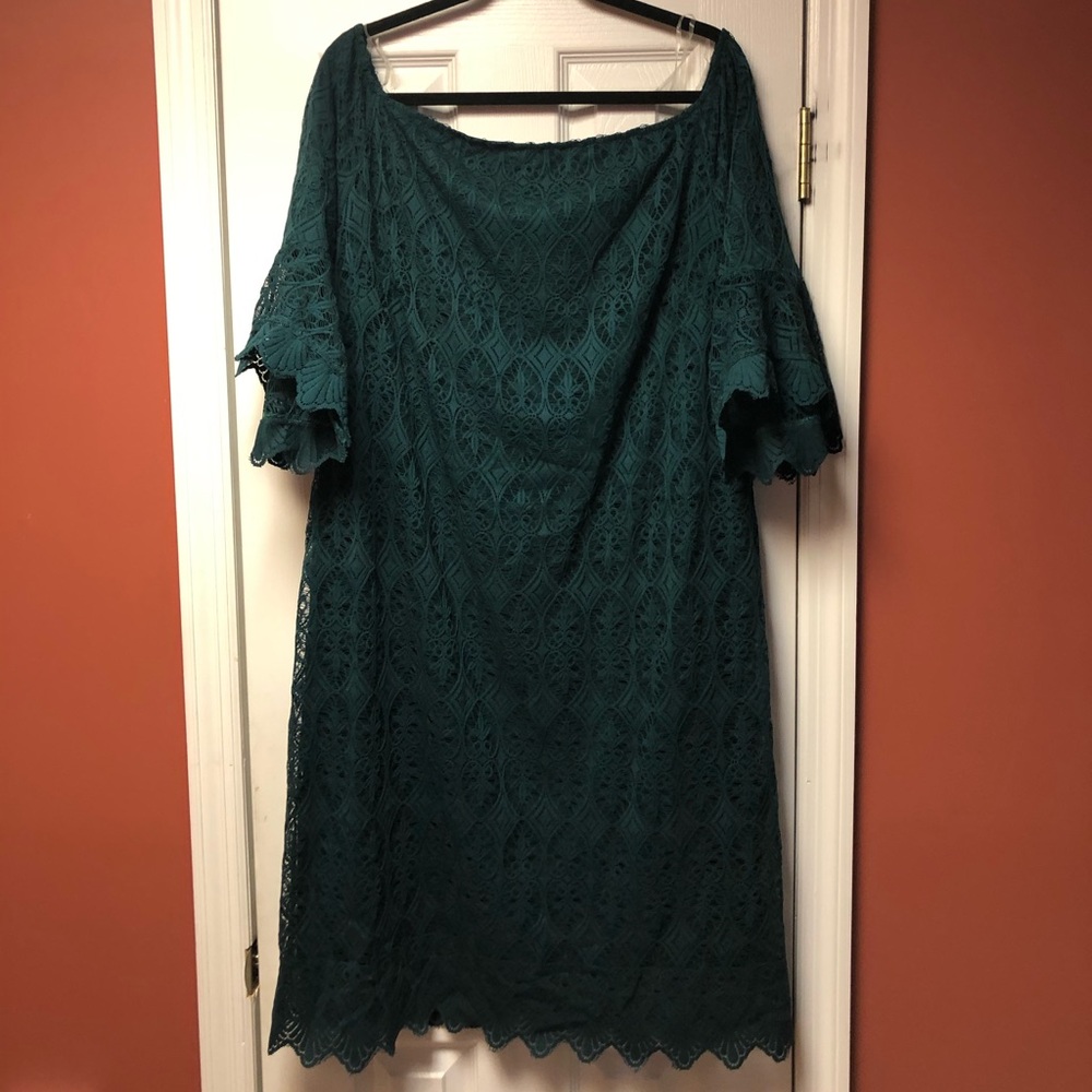 Sharagano Green Lace Off the Shoulder Dress - Picture 2 of 6